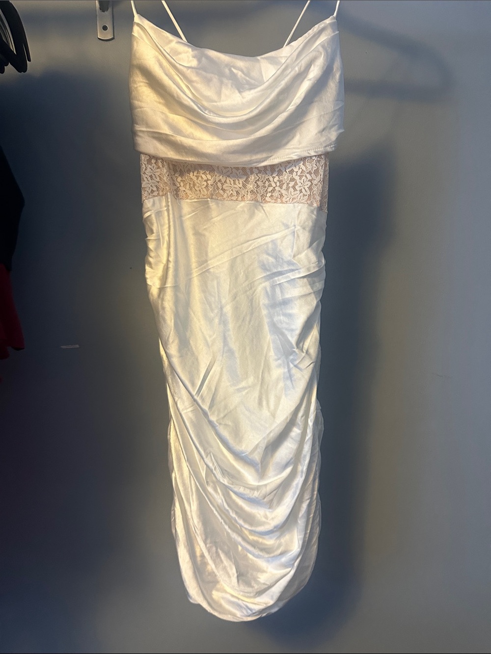 Selfie Leslie White Satin Lace-Trim Cowl Slip Dress